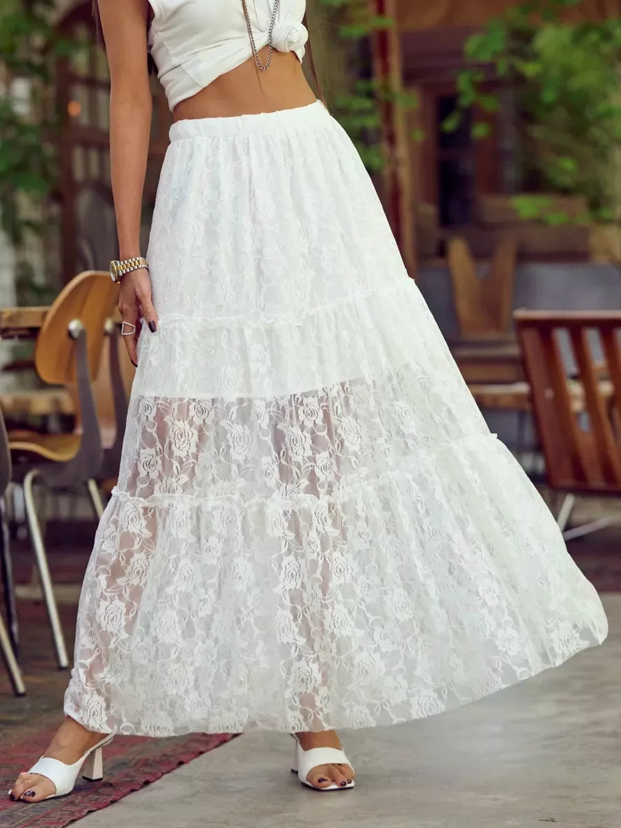 Saviig Lace Hollow Flower Long Skirt - Summer Beach Style Fashion