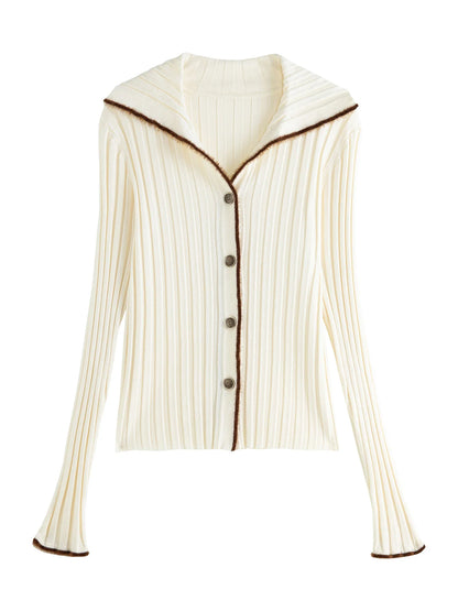 Saviig Navy Knitted Cardigan: Autumn 2024 Contrast Color Retro Tops