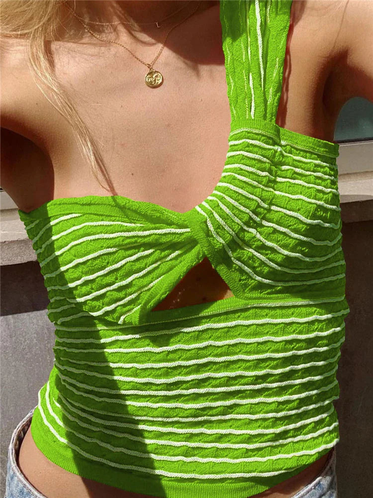 Saviig One-Shoulder Twist Crochet Knit Top Y2k Cut Out Backless Corset