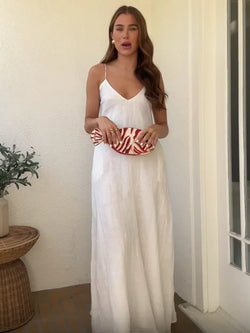 Saviig White V-Neck Sling Dress - Backless, Sleeveless, Loose Fit, Long Summer Dress