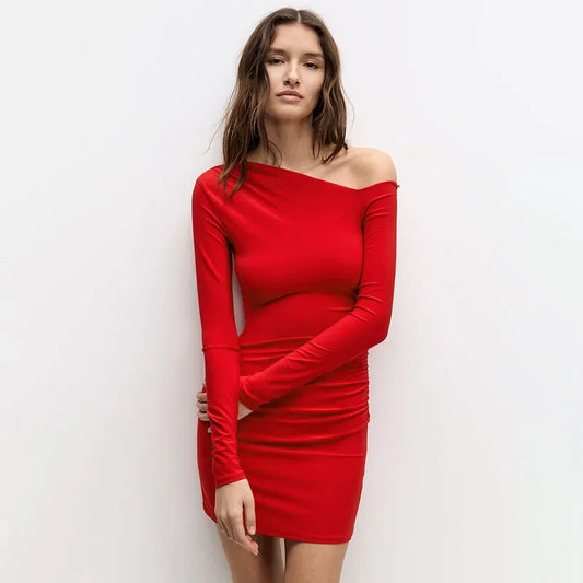 Saviig One-Shoulder Long Sleeve Bodycon Dress - 2024 Autumn Collection