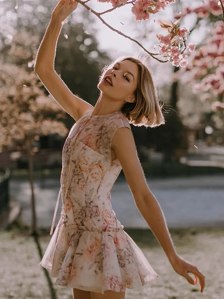 Saviig Blue Printed Sleeveless Mini Dress with Elegant A-line Design