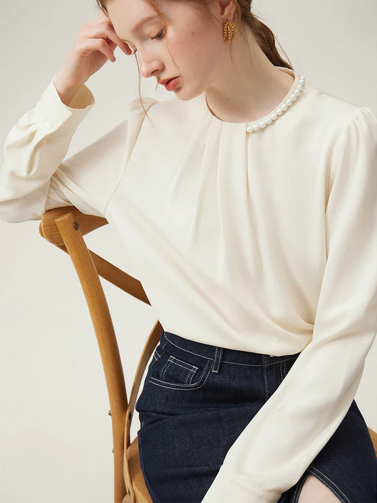 Saviig French Pearl Shirt: Round Neck Puff Sleeve Office Lady Spring Blouse