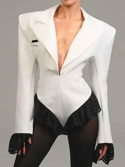 Saviig V-Neck Lace Jumpsuit Blazer Cardigan Streetwear Black Romper
