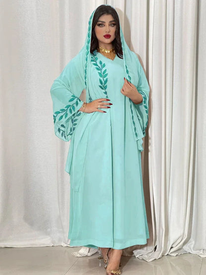 Saviig Embroidered V-Neck Ankle-Length Floral Kaftan for Elegant Muslim Women