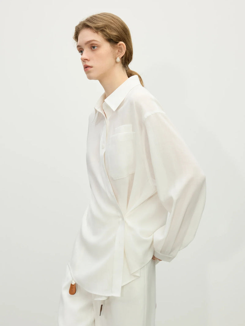 Saviig White Linen Office Blouse Long Sleeve Two-wear Shirt Tops