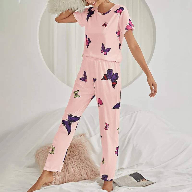 Saviig Butterfly Print Pajama Set for Women - Soft Sleepwear Top & Pants