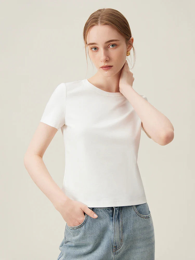 Saviig White Slim Short-sleeve T-shirt: All-match Spring Summer Top