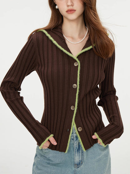 Saviig Navy Knitted Cardigan: Autumn 2024 Contrast Color Retro Tops