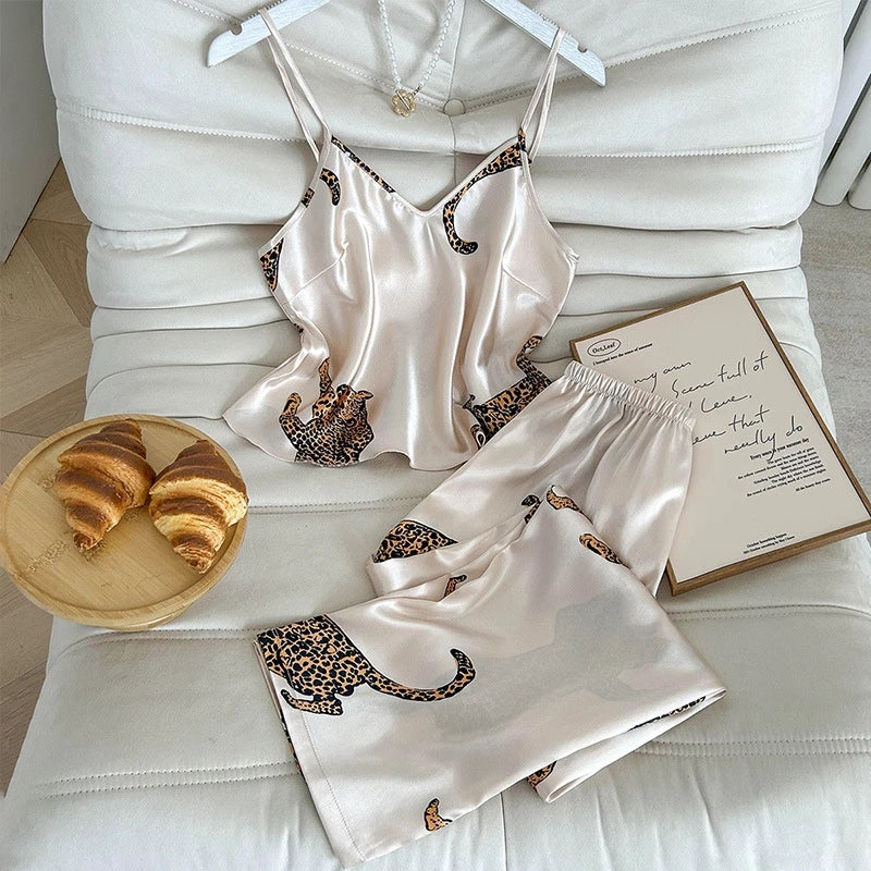 Saviig Sexy Leopard V-Neck Pajama Set: Top & Elastic Shorts for Women