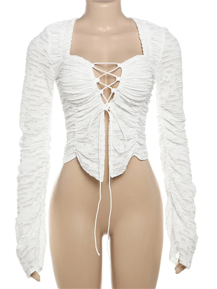 Saviig Ruffled Lace-Up Patchwork Tee Coat White Women's Cropped Top