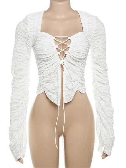 Saviig Ruffled Lace-Up Patchwork Tee Coat White Women's Cropped Top