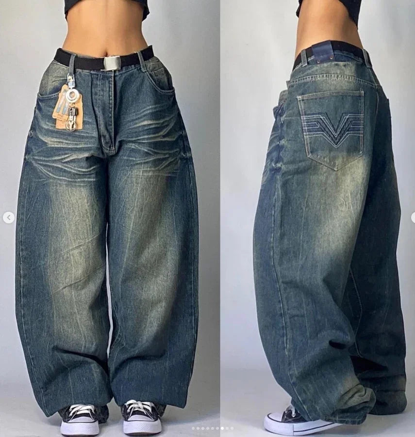 Saviig Retro High Waist Y2K Wide Leg Jeans in Washed Blue