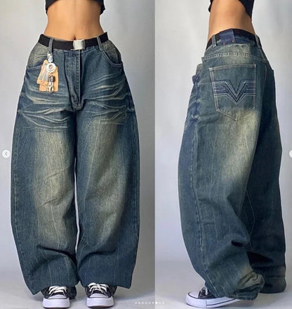 Saviig Retro High Waist Y2K Wide Leg Jeans in Washed Blue