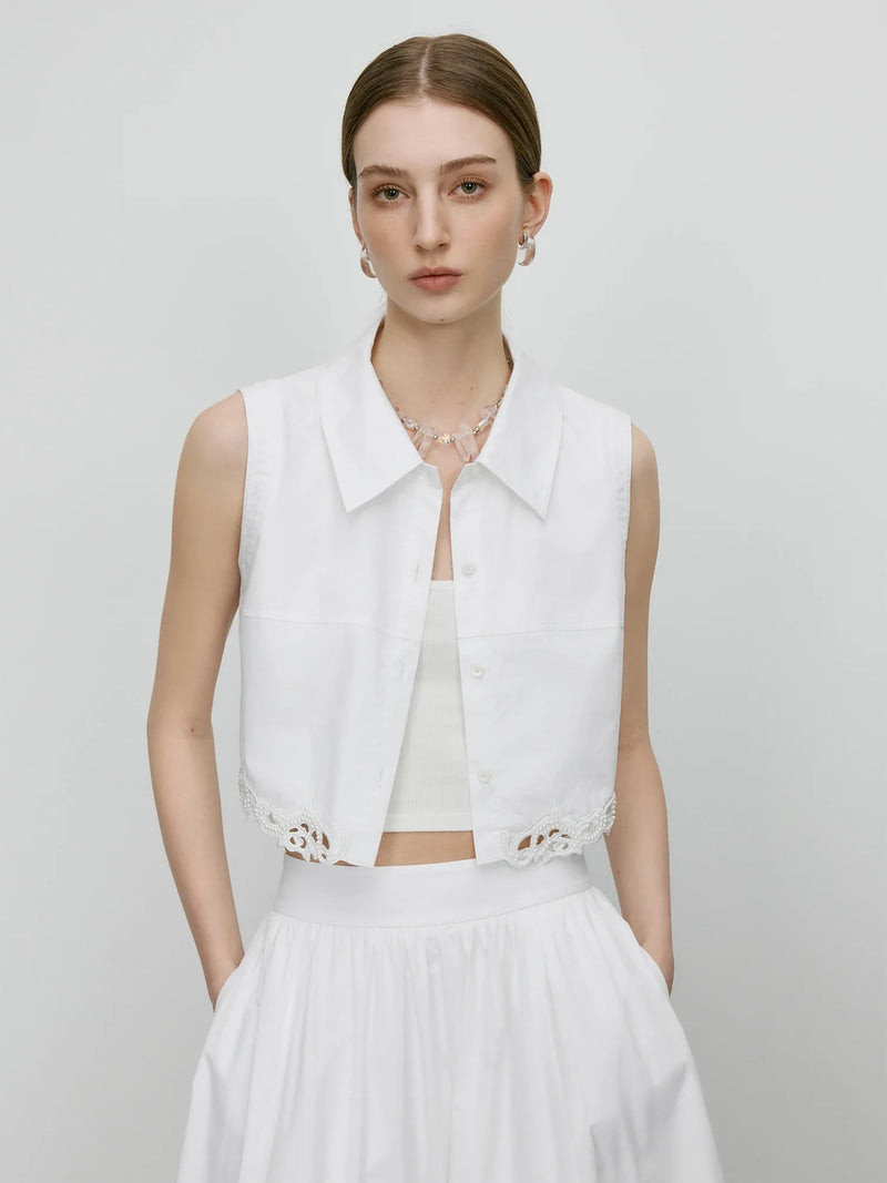 Saviig Embroidery Design Sleeveless Shirt Long Skirt Set
