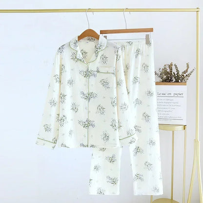 Saviig Spring Autumn Pajama Set Women's Crepe Long Sleeve Flip Collar Cardigan