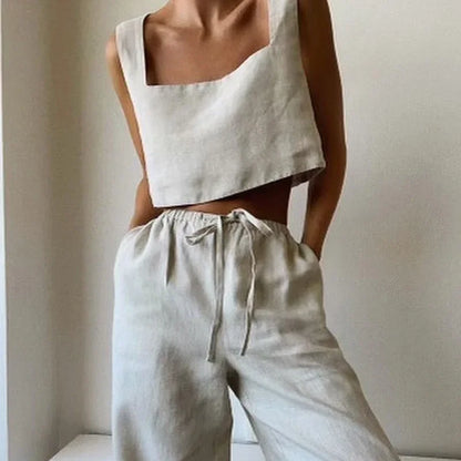 Saviig Chic Square Neck Linen Crop Top Solid Color Backless Sleeveless Summer 2025