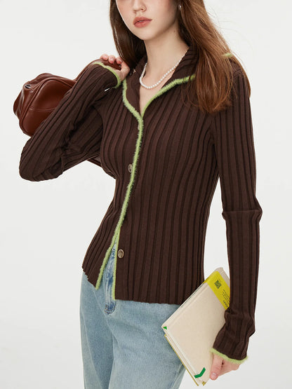 Saviig Navy Knitted Cardigan: Autumn 2024 Contrast Color Retro Tops