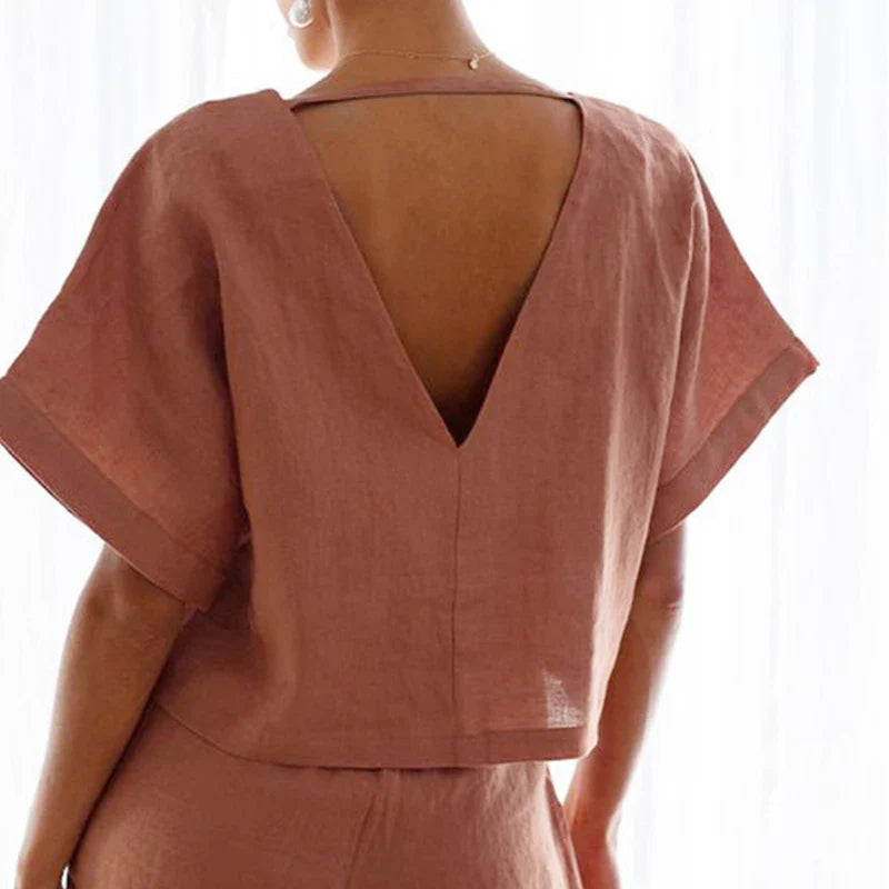 Saviig Linen Backless V-Neck Top Women 2025 Casual Solid Color Loose Summer T-Shirt
