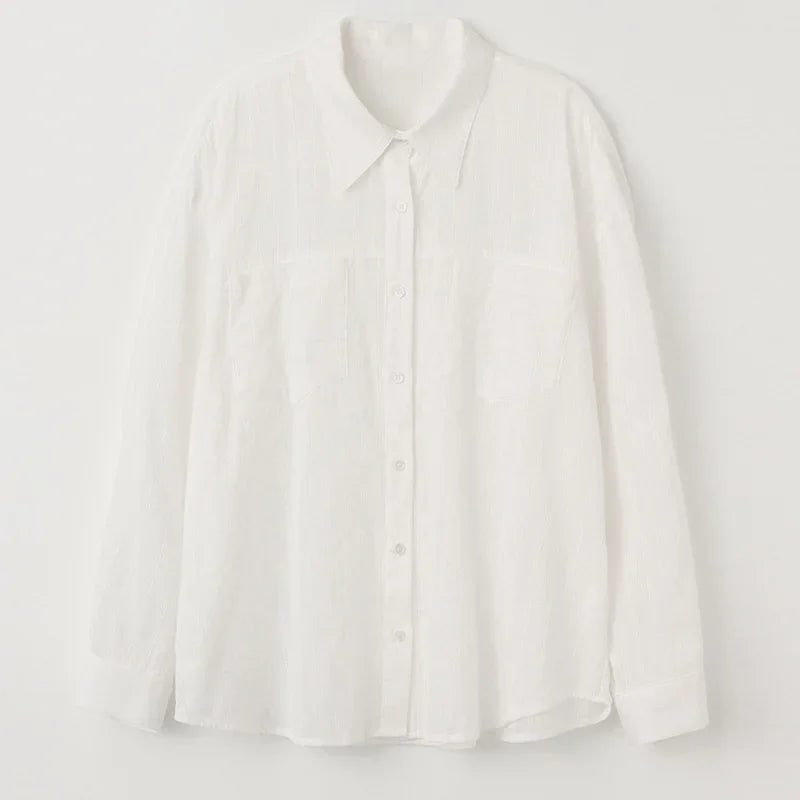 Saviig White Cotton Shirt: Women's Long Sleeve Button-Up Blouse