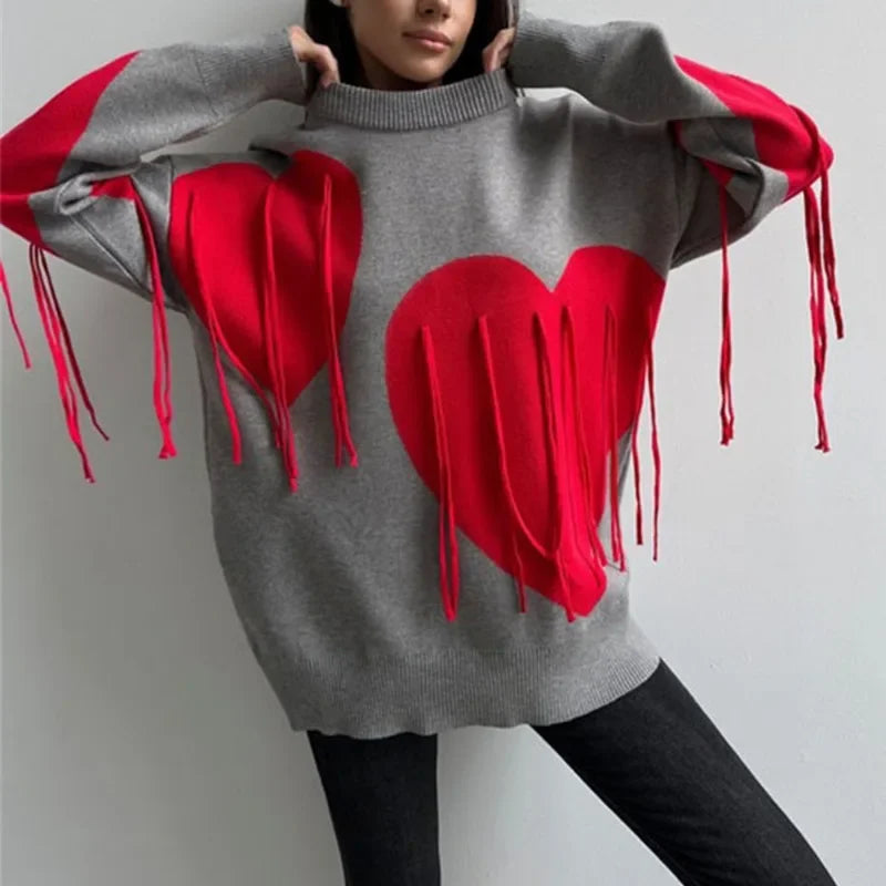 Saviig Heart Print O-Neck Sweater: Women's Casual Knit Pullover with Tassels