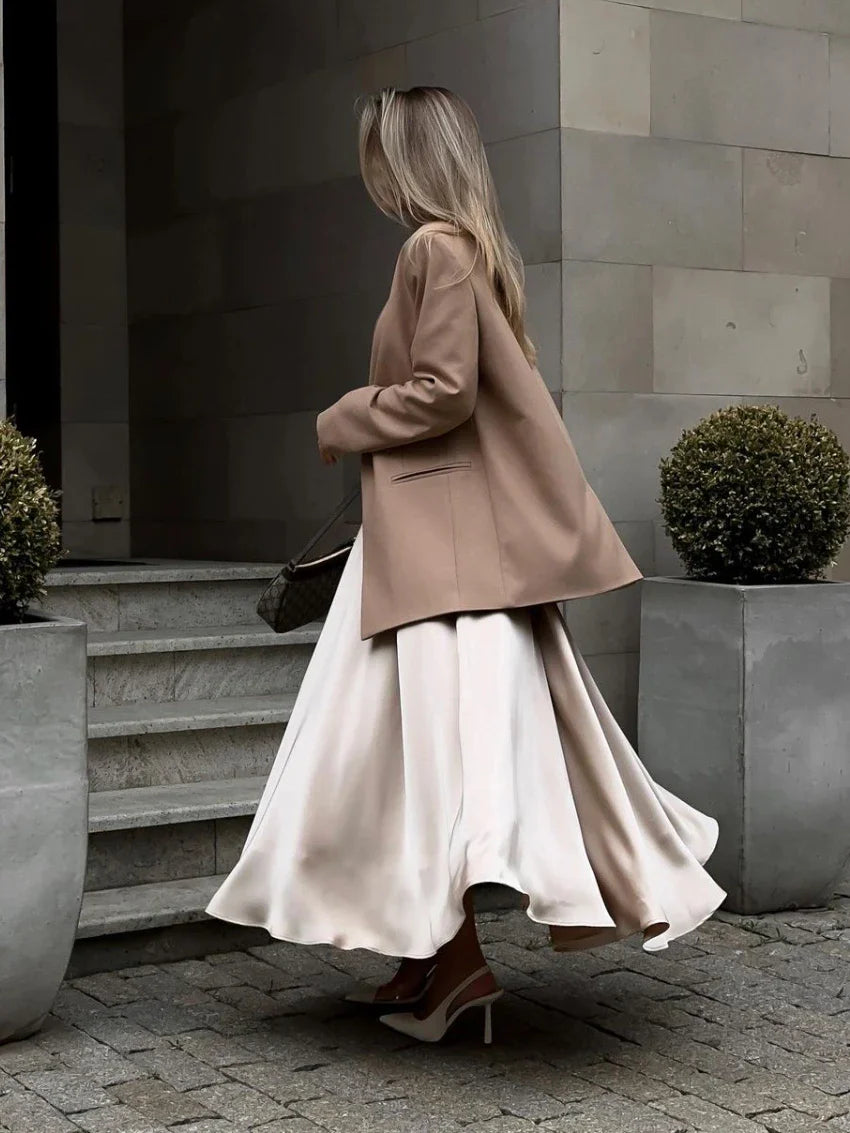 Saviig Elegant Satin Maxi Skirt - High Waist Black Streetwear Fashion