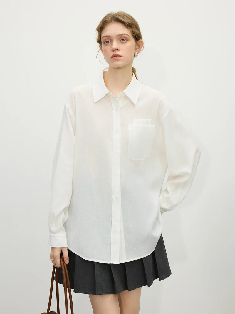 Saviig White Linen Office Blouse Long Sleeve Two-wear Shirt Tops