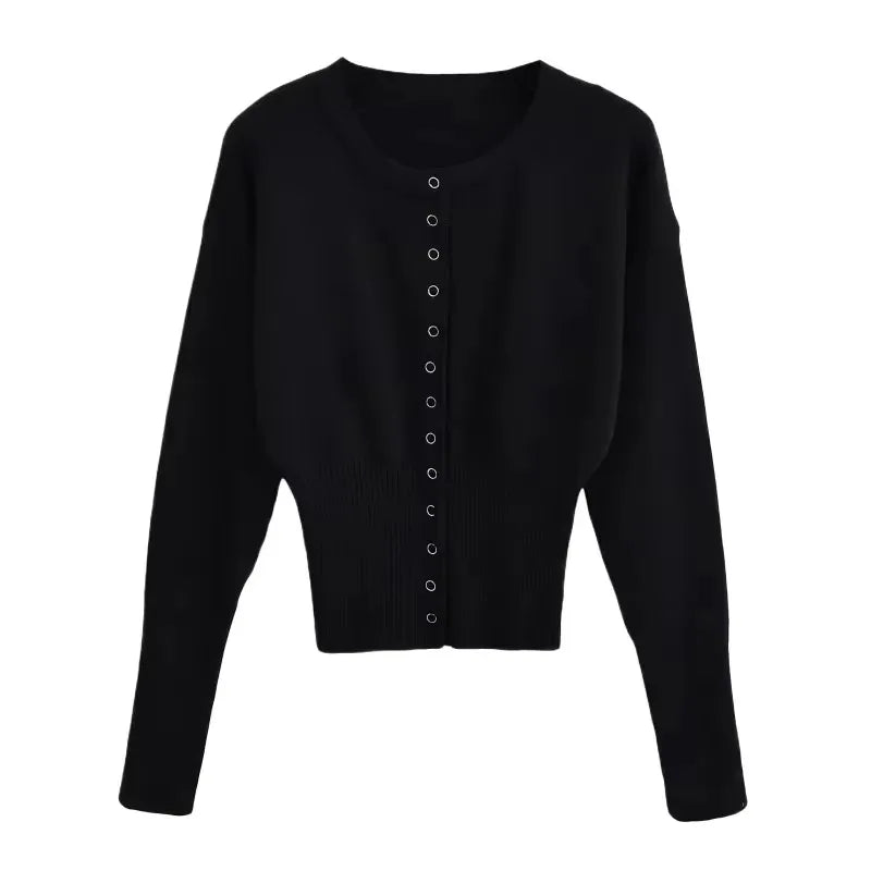 Saviig High Waist Round Neck Cardigan Short Sweater Top Slim Fit