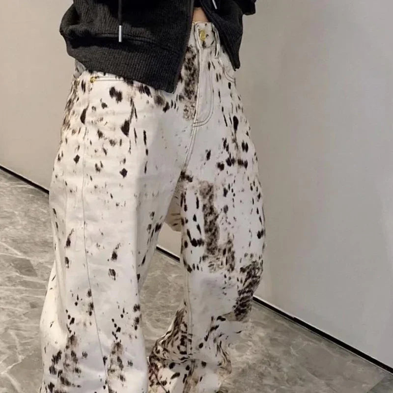 Saviig Beige Leopard Print Wide Leg Jeans - Vintage Streetwear Fashion