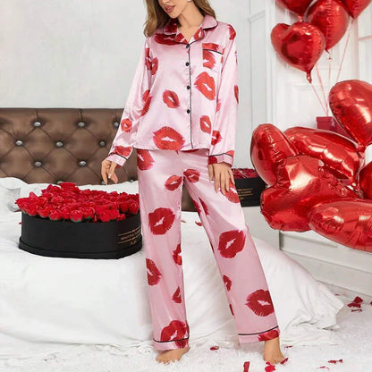 Saviig Lip Print Satin Pajama Set with Long Sleeve Top and Pants