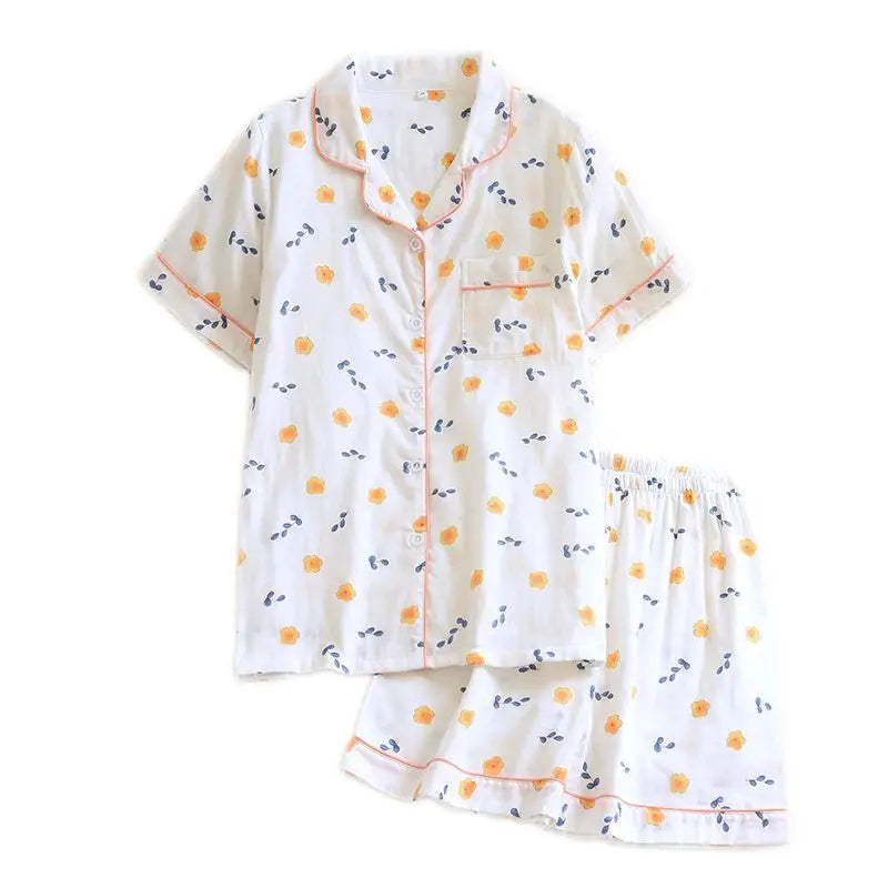 Saviig Flower Print Cotton Pajama Set with Button-down Shirt & Shorts