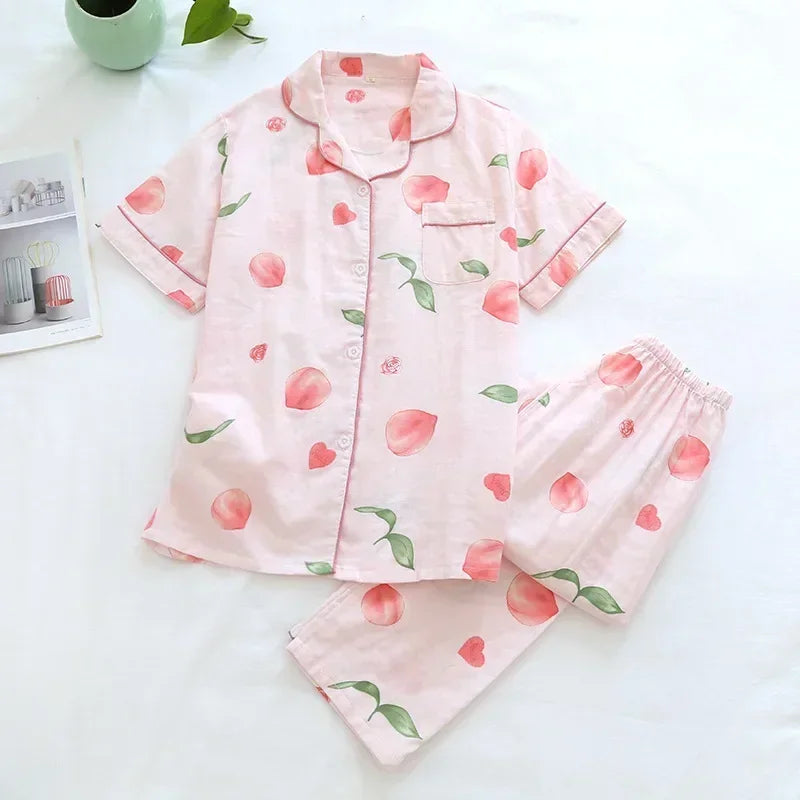 Saviig Cotton Gauze Women's Pajama Set: Short-Sleeve Top & Pants, Cute & Lightweight
