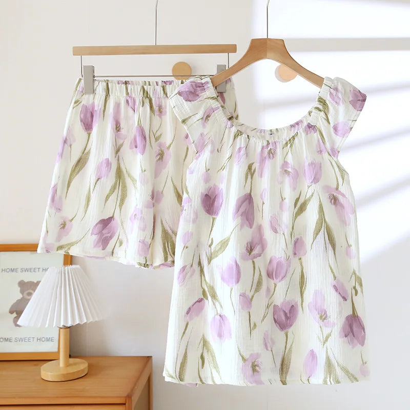 Saviig Cotton Crepe Summer Pajama Set: Vest + Shorts Two Piece Sleepwear for Women