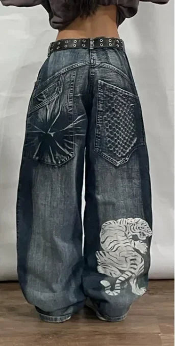 Saviig Retro High Waist Y2K Wide Leg Jeans in Washed Blue