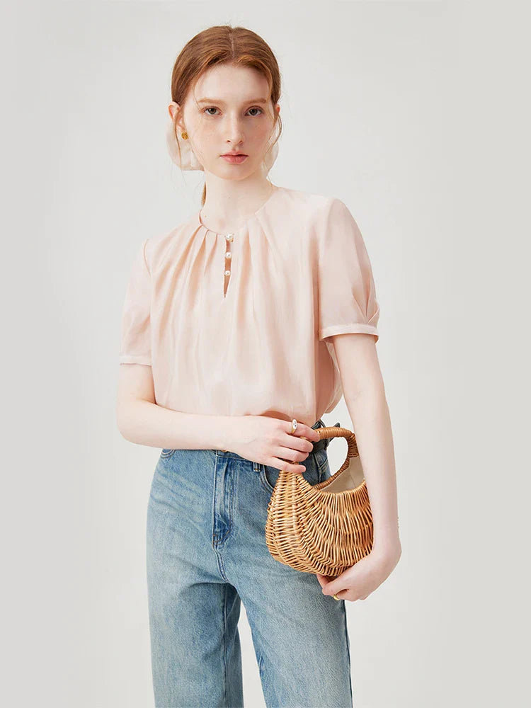 Saviig Beige Pink Women's Shirt 2024 Summer New Design Elegant Casual Top