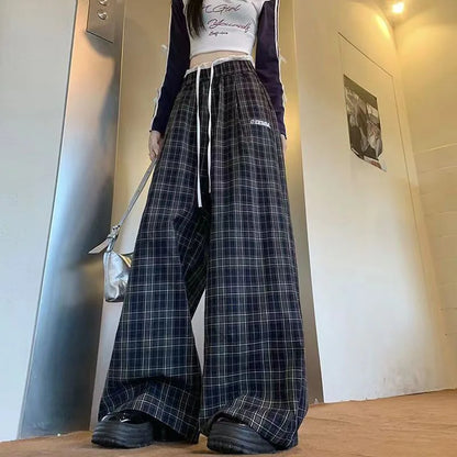 Saviig Retro Plaid Patchwork Pants: Wide Leg Elastic Waist Check Trousers for Women