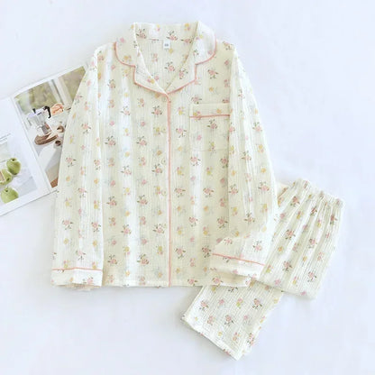 Saviig Spring Autumn Pajama Set Women's Crepe Long Sleeve Flip Collar Cardigan