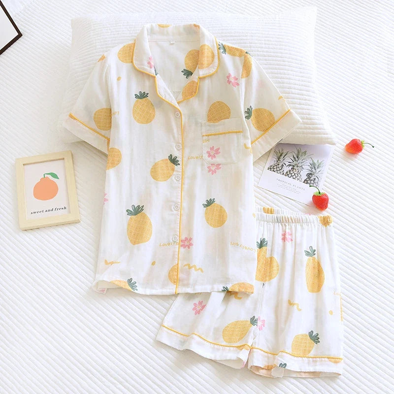 Saviig Flower Print Cotton Pajama Set with Button-down Shirt & Shorts