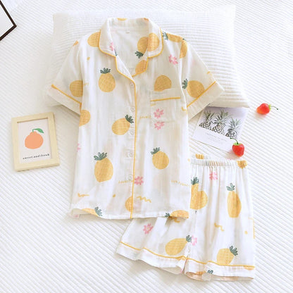 Saviig Flower Print Cotton Pajama Set with Button-down Shirt & Shorts