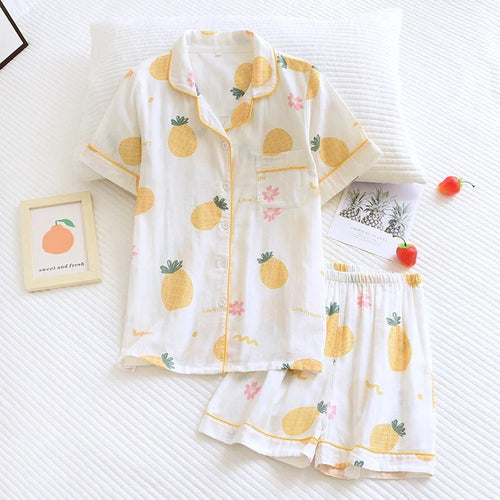 Saviig Flower Print Cotton Pajama Set with Button-down Shirt & Shorts
