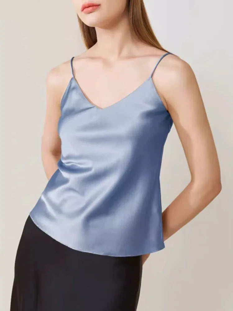 Saviig Satin V-Neck Camisole Top: Chic Sleeveless Tank for Summer