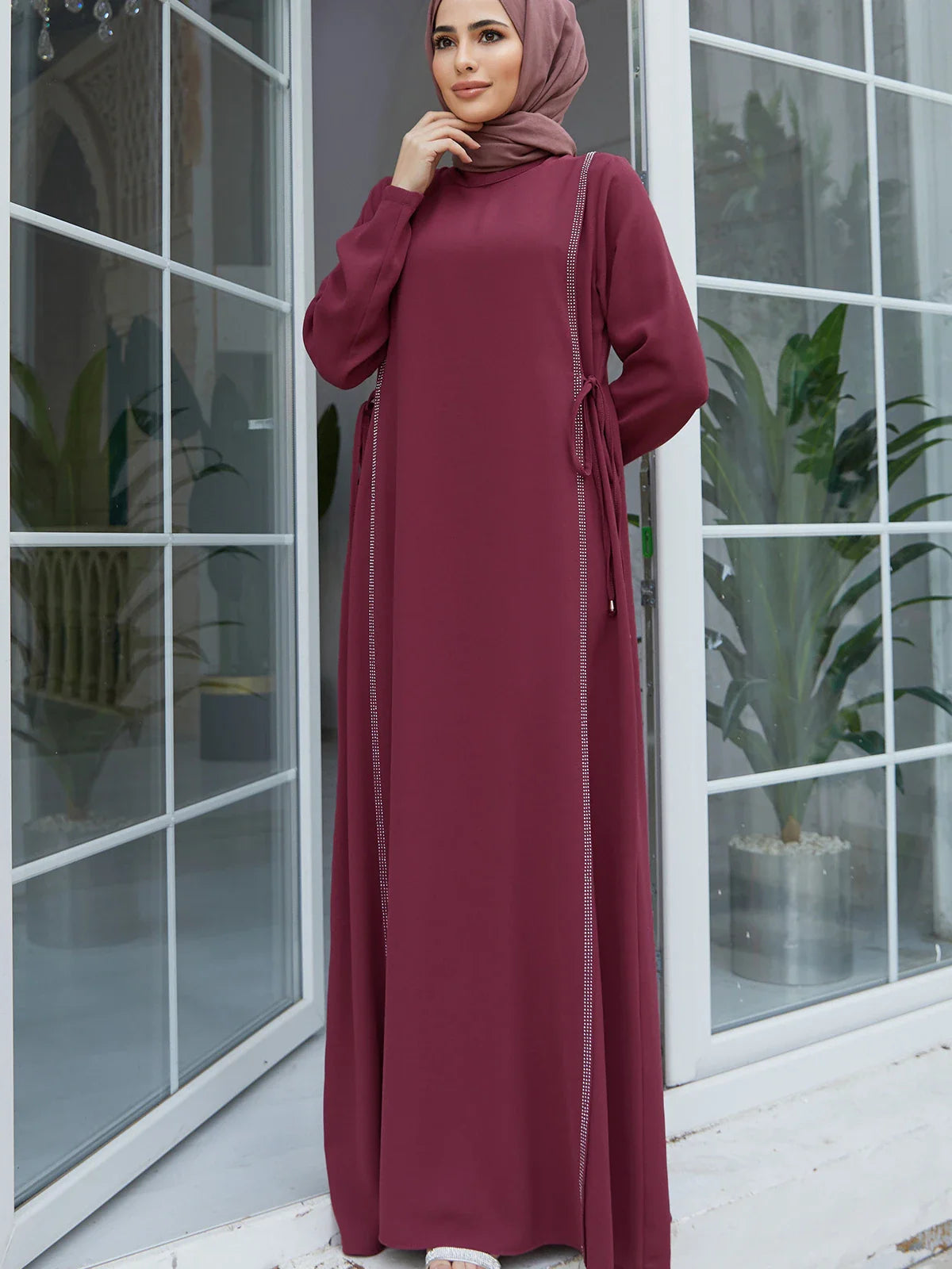 Saviig Diamond Abaya Caftan Elegant Long Sleeve Party Dress