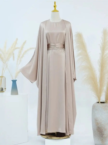 Saviig Ramadan Satin Abaya Dubai Set - Muslim Prayer Clothes Caftan Robe Femmes