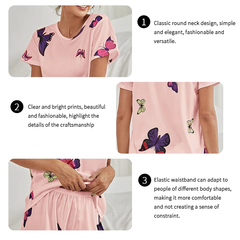 Saviig Butterfly Print Pajama Set for Women - Soft Sleepwear Top & Pants