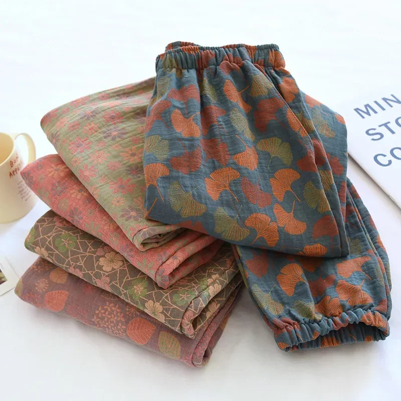 Saviig Cotton Crepe Leaf Print Pajama Pants