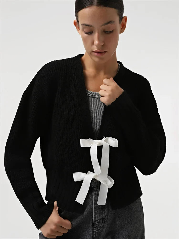 Saviig Ribbed Knit Lace-Up Sweater Cardigan for Women
