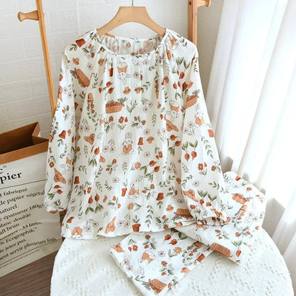 Saviig Cotton Crepe Floral Pajama Set - Pullover Top, Long Pants - Women's Spring & Autumn Fashion