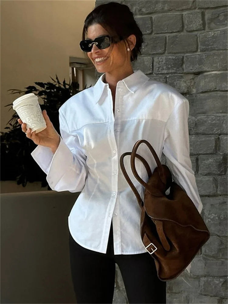 Saviig White Casual Lapel Shirt with Long Sleeve for Women in 2025