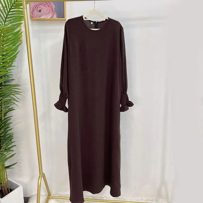 Saviig Abaya Inner Long Dress with Smocked Cuffs - Modest Muslim Woman Casual Robe