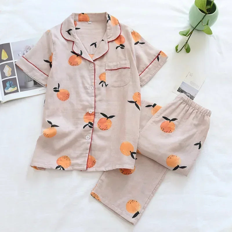 Saviig Cotton Gauze Women's Pajama Set: Short-Sleeve Top & Pants, Cute & Lightweight